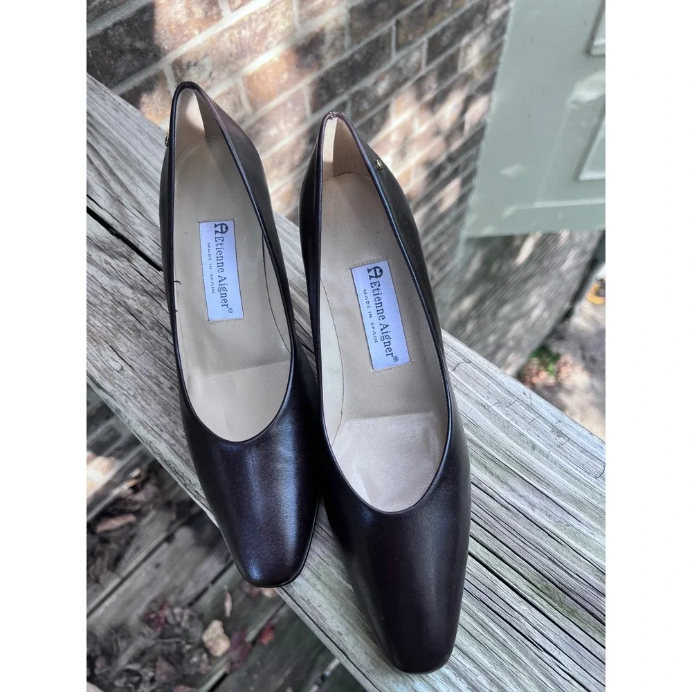 Etienne Aigner Taylor Pumps Leather Block Heel Burgundy 8.5 M Vintage Office